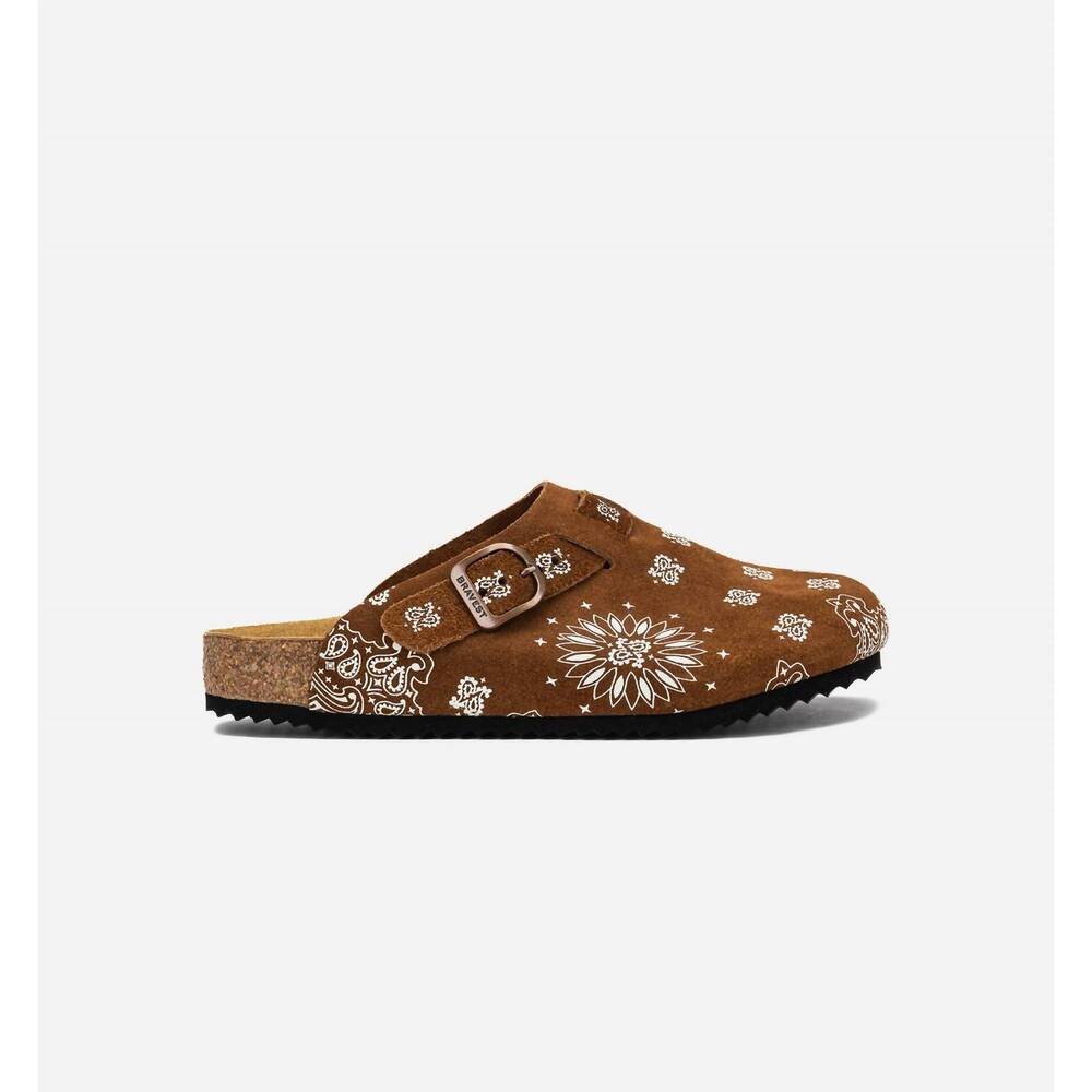 NEW BRAVEST STUDIOS women's paisley mules slip-on casual leather clogs in brown